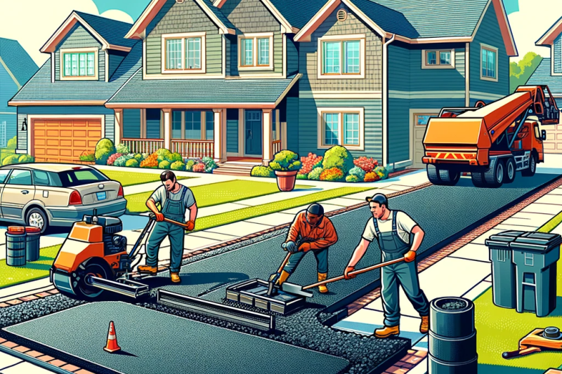 DALL.E 2024-01-01 15.58.25 - Illustration of paving the perfect driveway in Illinois. The scene shows workers in the process of laying asphalt on a residential driveway. It's a su